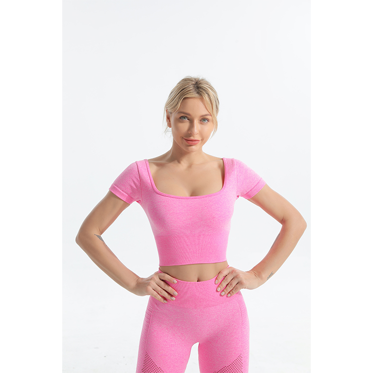 Pink Seamless Sport Set For Women Crop Top And Shorts Seamless